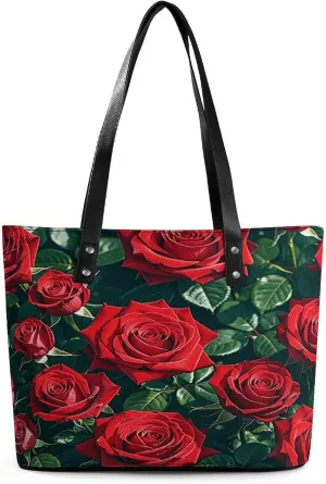 Leather Purse For Women Elegance Red Rose Romantic Printing Tote Bag Pu Purses Handbags For Work Travel Casual Use