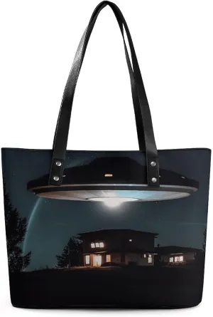 Leather Purse For Women Elegance Spacecraft at Night Printing Tote Bag Pu Purses Handbags For Work Travel Casual Use