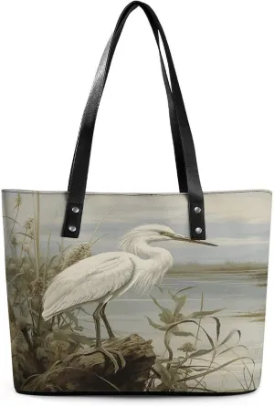 Leather Purse For Women Elegance Swamp Egret Printing Tote Bag Pu Purses Handbags For Work Travel Casual Use
