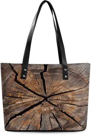 Leather Purse For Women Elegance Tree Stump Wood Grain Printing Tote Bag Pu Purses Handbags For Work Travel Casual Use