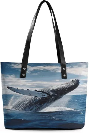 Leather Purse For Women Elegance Whale Above Sea Water Printing Tote Bag Pu Purses Handbags For Work Travel Casual Use