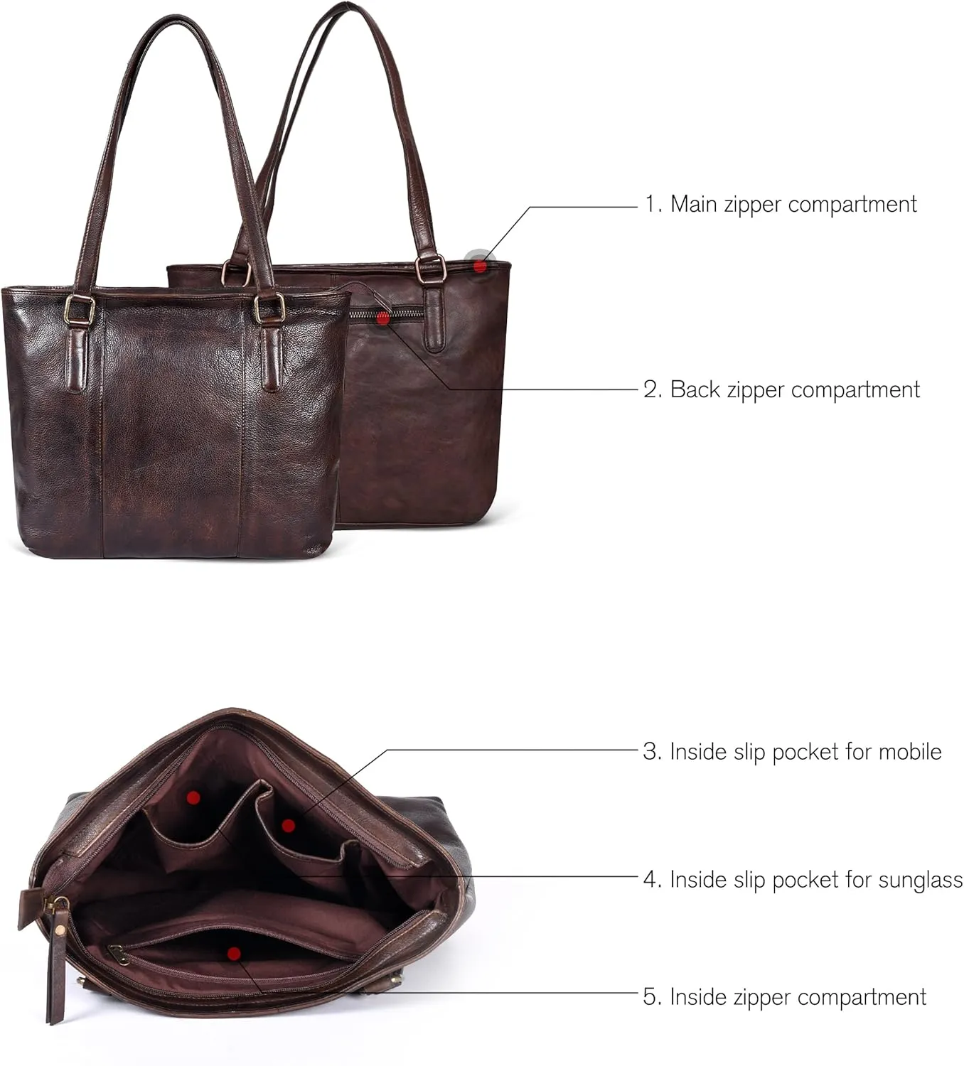 Leather Purse For Women - Real Leather Tote For Women - Ladies Shoulder Handbag For Work, Travel, Casual Use
