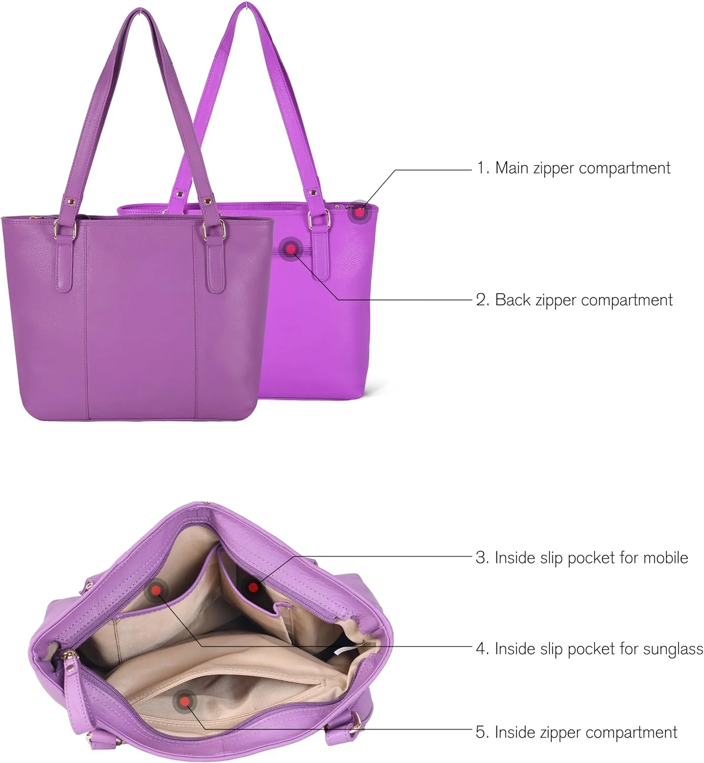 Leather Purse For Women - Real Leather Tote For Women - Ladies Shoulder Handbag For Work, Travel, Casual Use