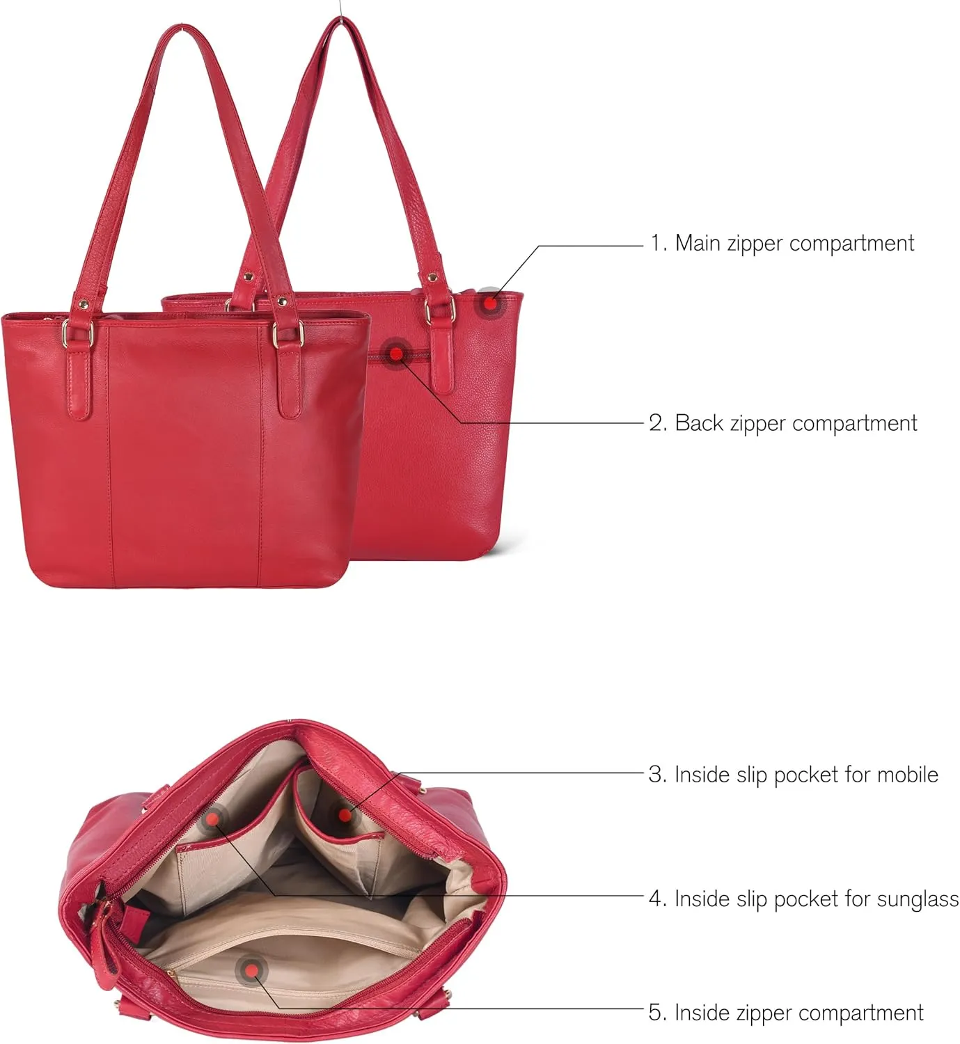 Leather Purse For Women - Real Leather Tote For Women - Ladies Shoulder Handbag For Work, Travel, Casual Use