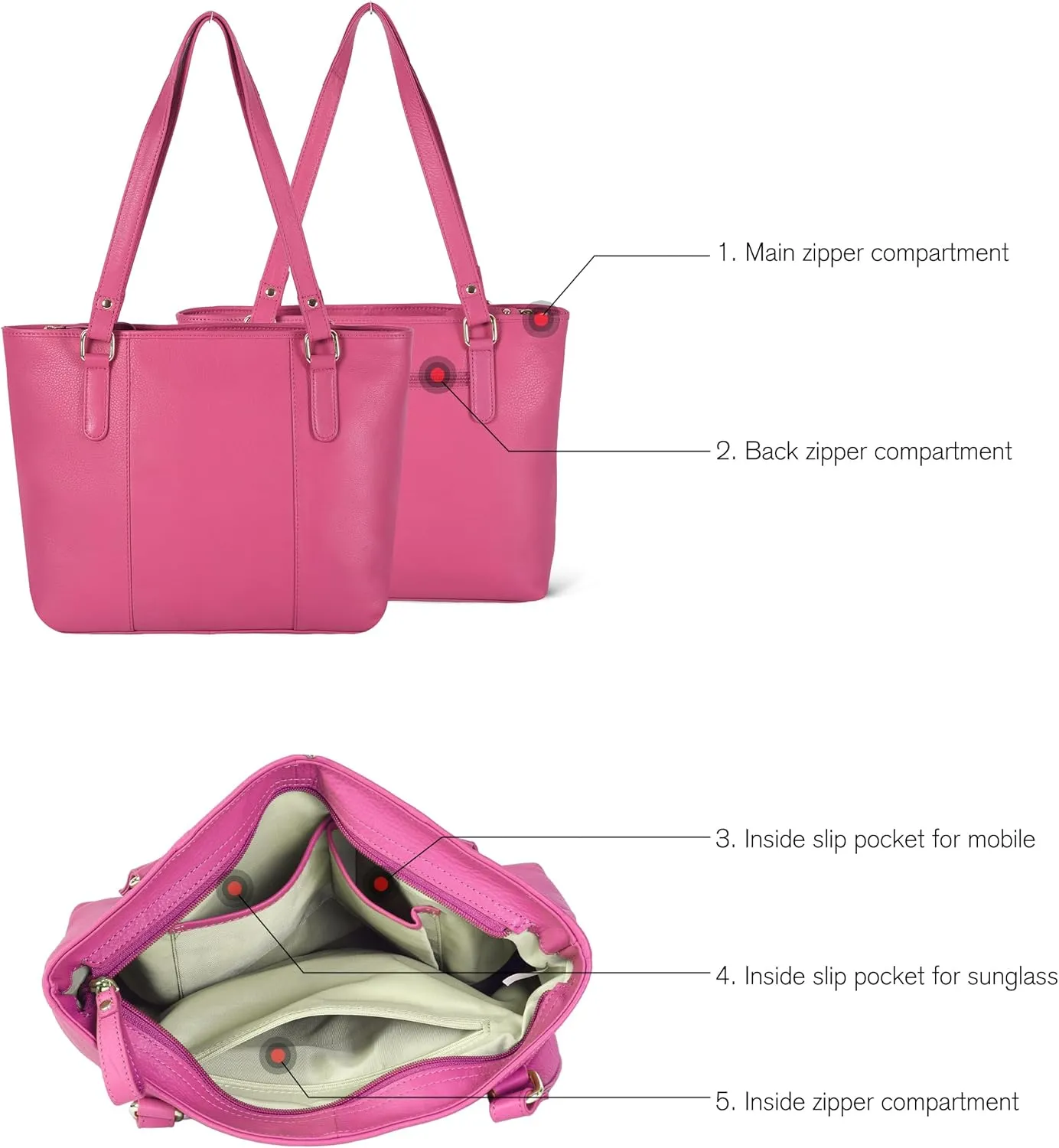 Leather Purse For Women - Real Leather Tote For Women - Ladies Shoulder Handbag For Work, Travel, Casual Use