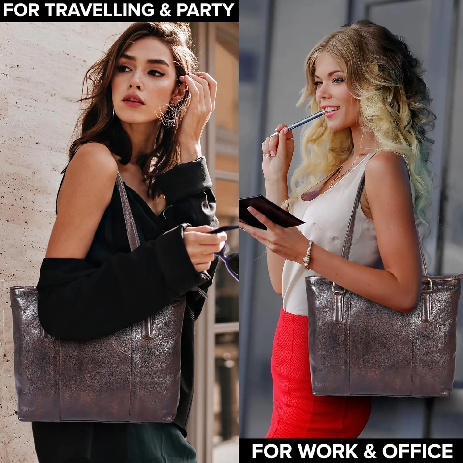 Leather Purse For Women - Real Leather Tote For Women - Ladies Shoulder Handbag For Work, Travel, Casual Use