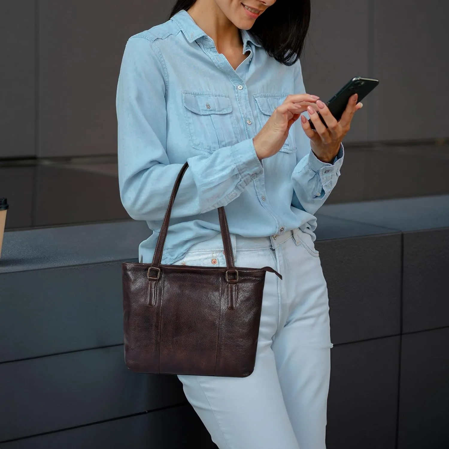 Leather Purse For Women - Real Leather Tote For Women - Ladies Shoulder Handbag For Work, Travel, Casual Use