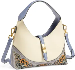 Leather Shoulder Bag for Women & Adjustable Crossbody with Hand-Carved Auspicious motifs