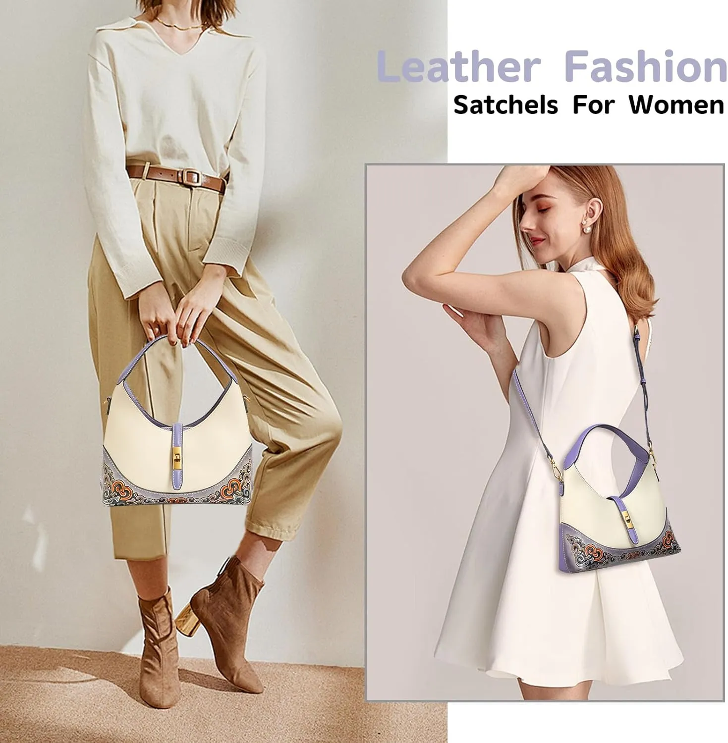 Leather Shoulder Bag for Women & Adjustable Crossbody with Hand-Carved Auspicious motifs