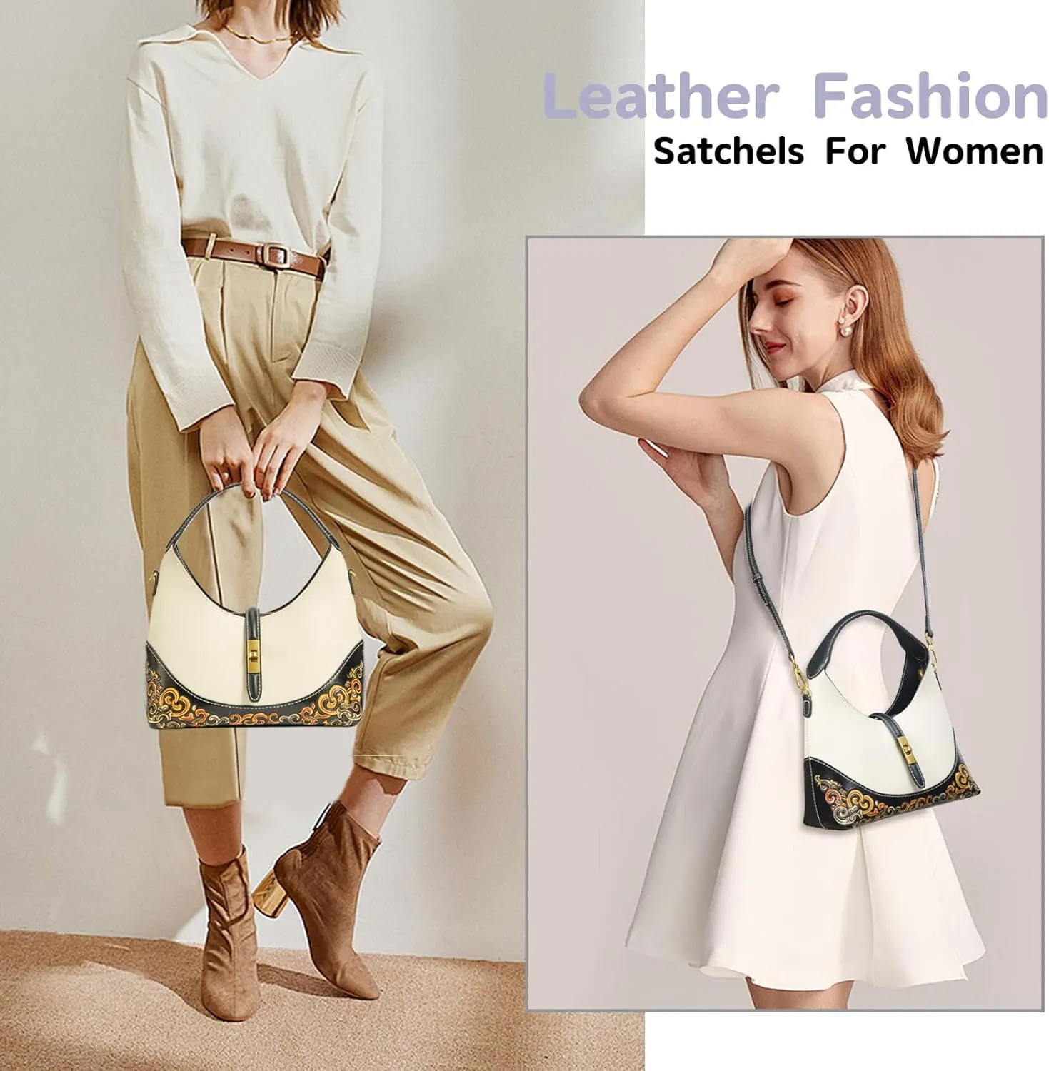 Leather Shoulder Bag for Women & Adjustable Crossbody with Hand-Carved Auspicious motifs