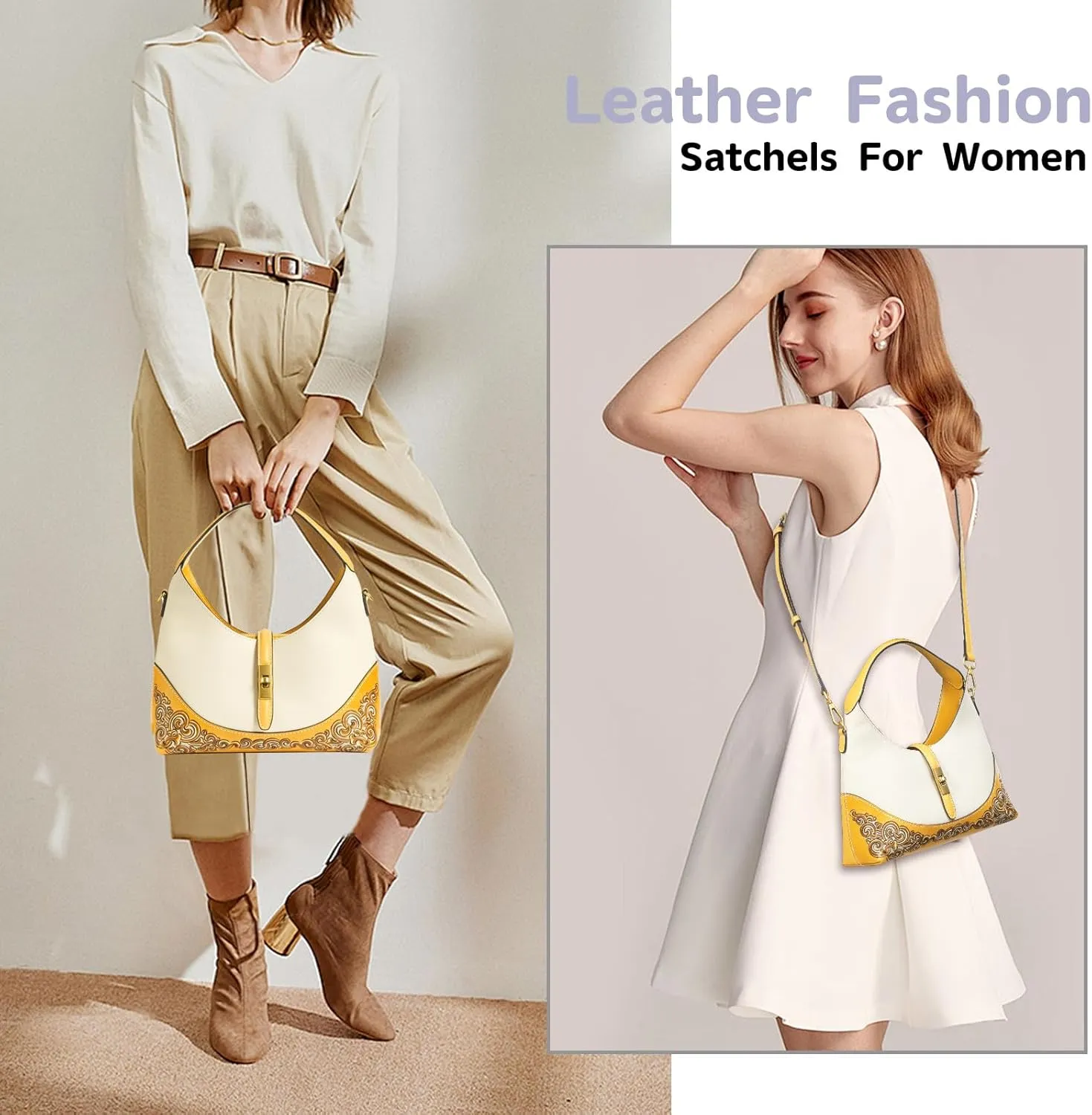 Leather Shoulder Bag for Women & Adjustable Crossbody with Hand-Carved Auspicious motifs