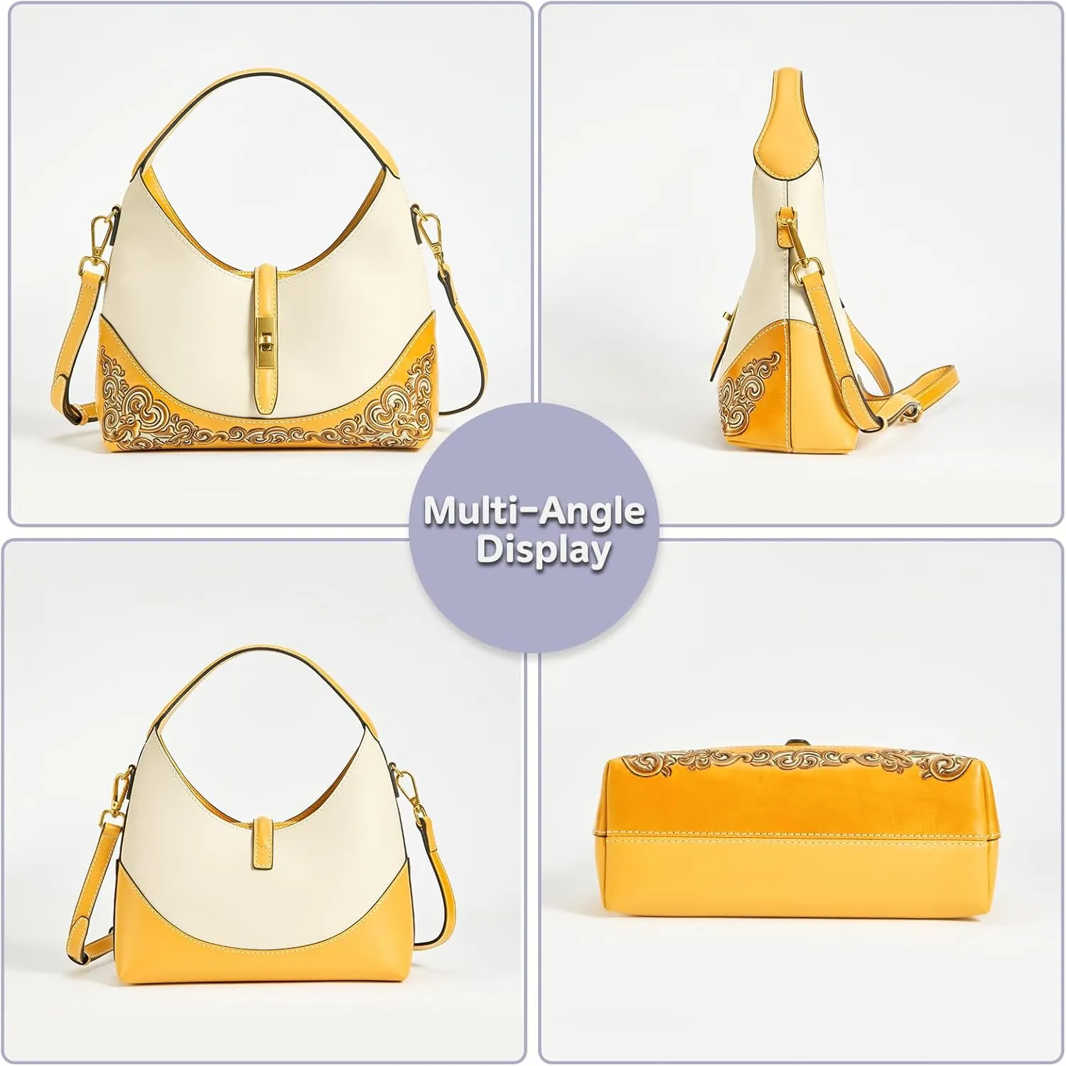 Leather Shoulder Bag for Women & Adjustable Crossbody with Hand-Carved Auspicious motifs