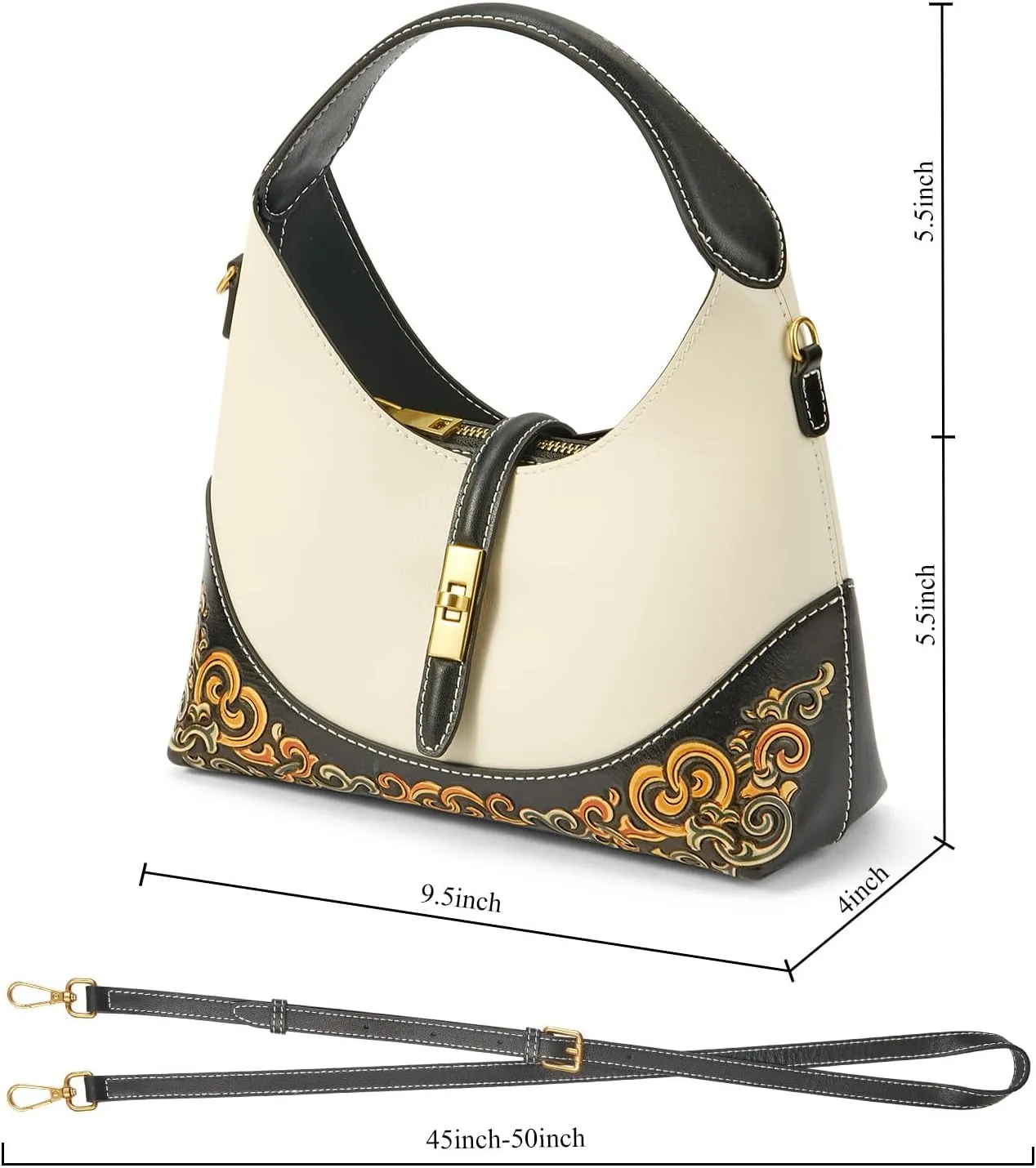 Leather Shoulder Bag for Women & Adjustable Crossbody with Hand-Carved Auspicious motifs