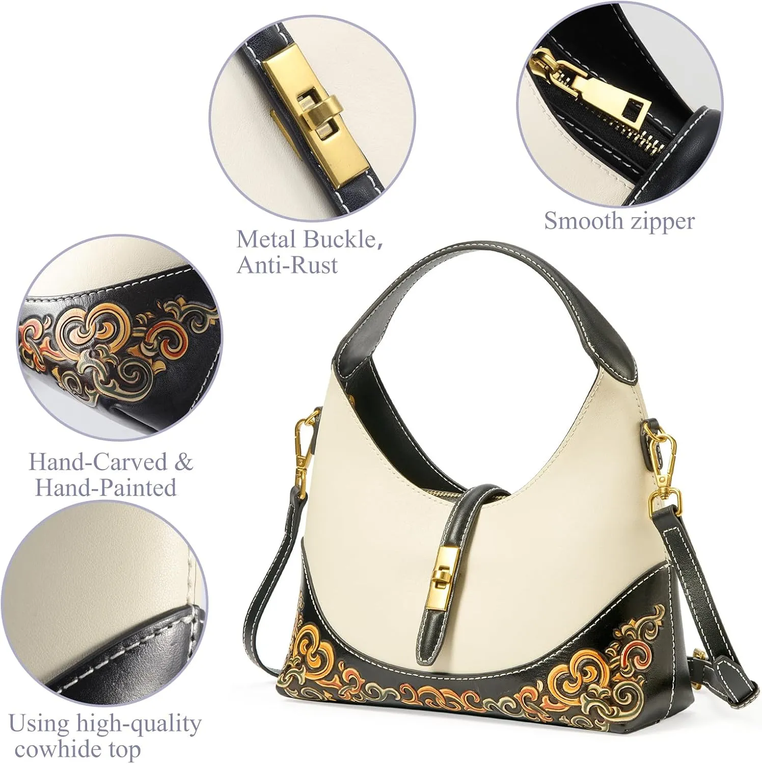 Leather Shoulder Bag for Women & Adjustable Crossbody with Hand-Carved Auspicious motifs