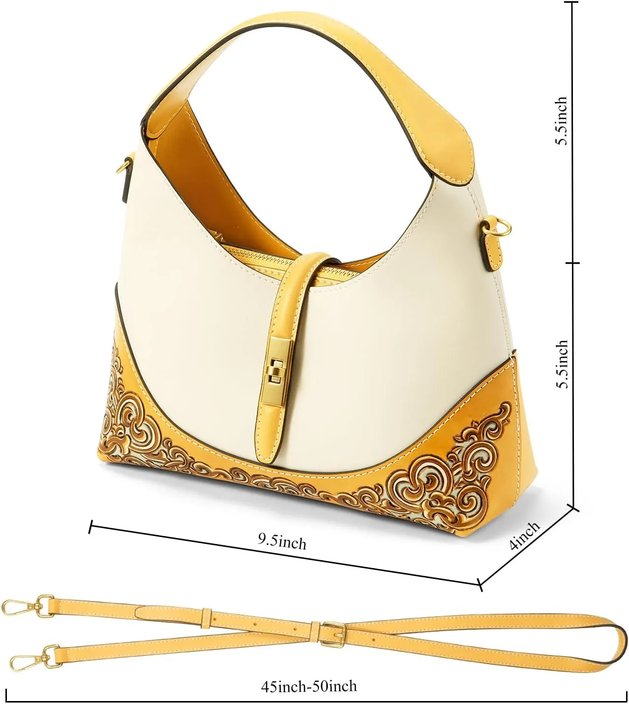 Leather Shoulder Bag for Women & Adjustable Crossbody with Hand-Carved Auspicious motifs