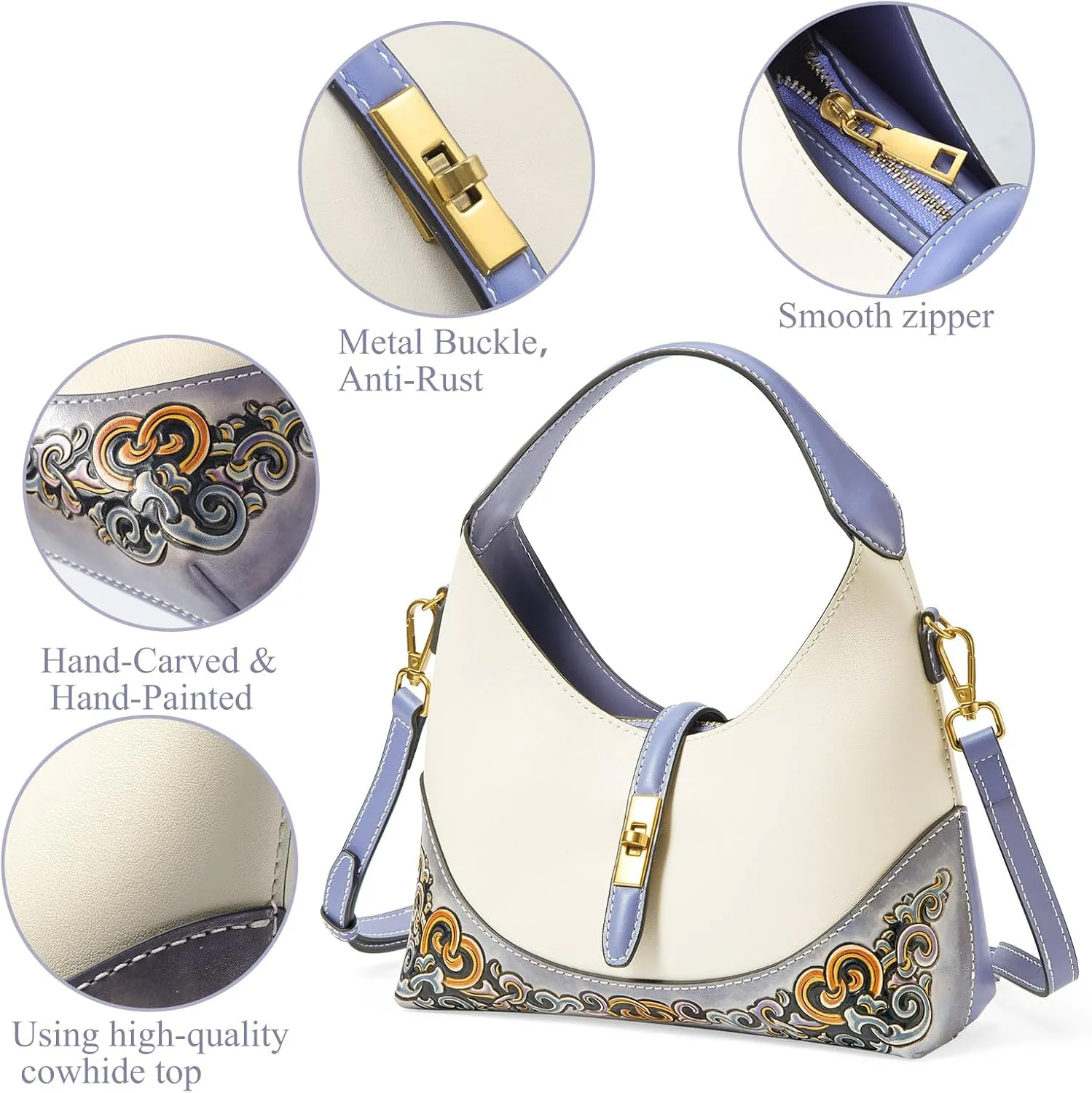 Leather Shoulder Bag for Women & Adjustable Crossbody with Hand-Carved Auspicious motifs