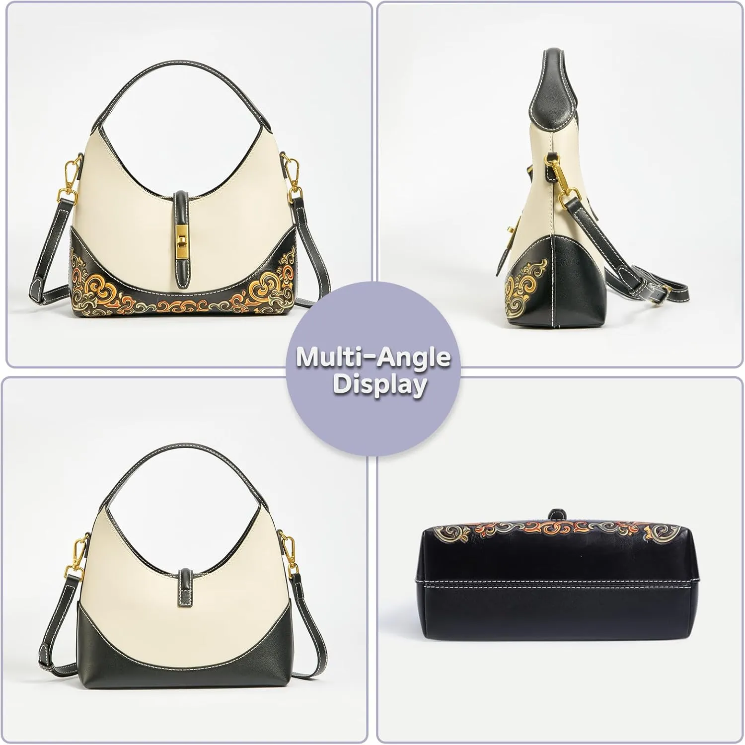 Leather Shoulder Bag for Women & Adjustable Crossbody with Hand-Carved Auspicious motifs