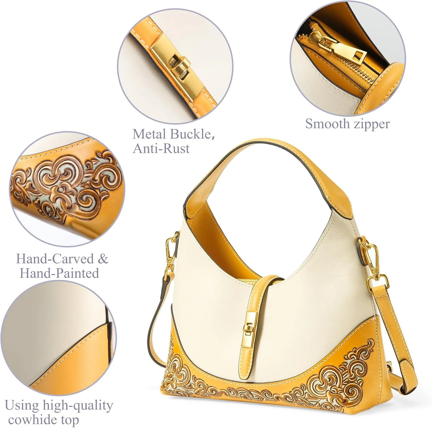 Leather Shoulder Bag for Women & Adjustable Crossbody with Hand-Carved Auspicious motifs