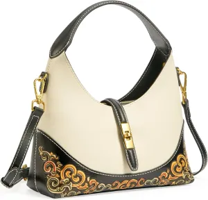Leather Shoulder Bag for Women & Adjustable Crossbody with Hand-Carved Auspicious motifs