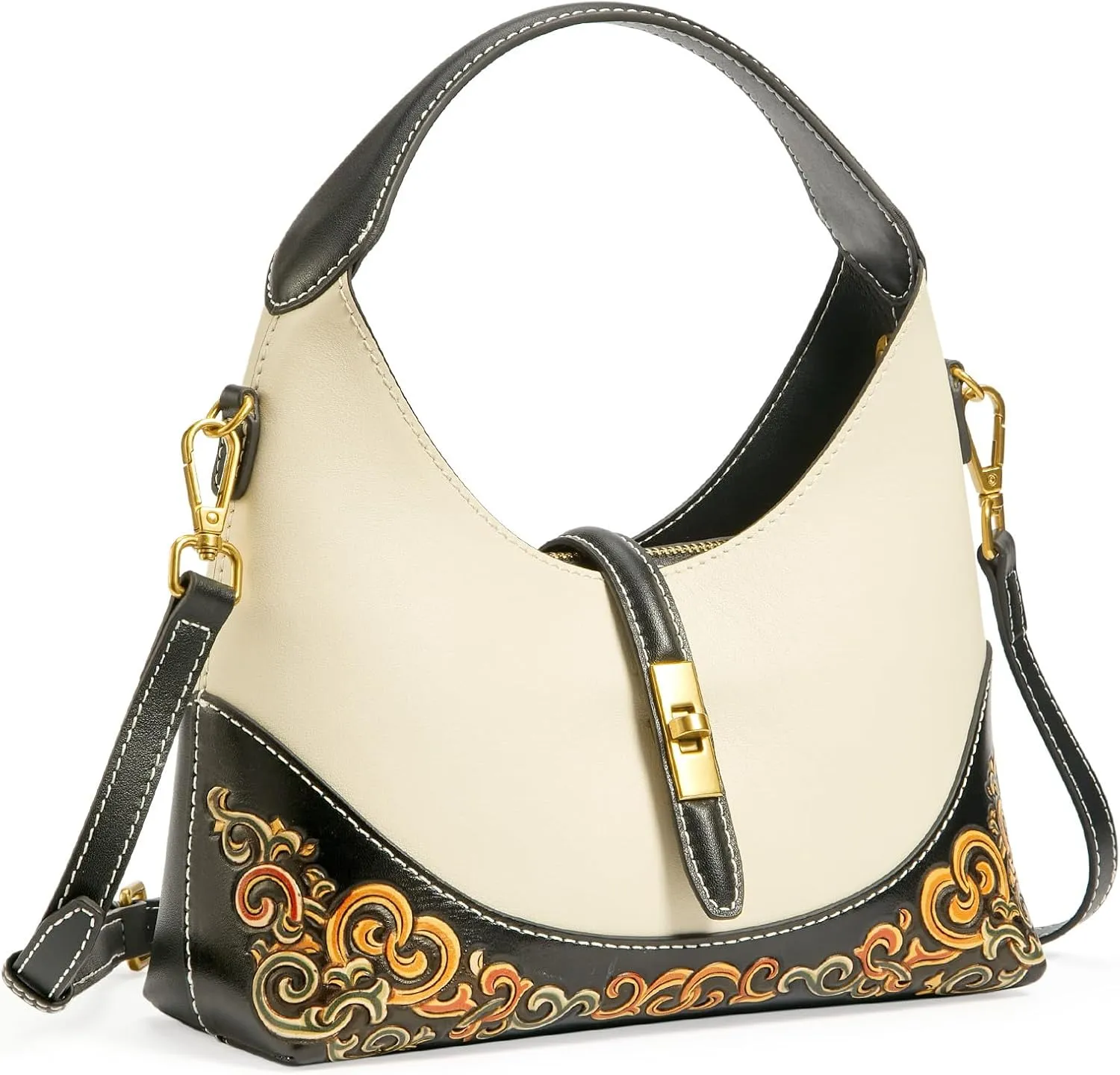 Leather Shoulder Bag for Women & Adjustable Crossbody with Hand-Carved Auspicious motifs