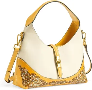 Leather Shoulder Bag for Women & Adjustable Crossbody with Hand-Carved Auspicious motifs