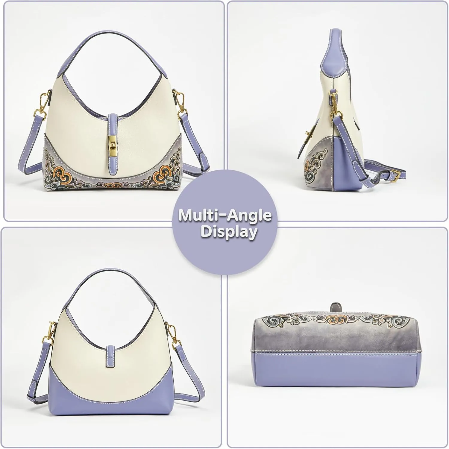 Leather Shoulder Bag for Women & Adjustable Crossbody with Hand-Carved Auspicious motifs