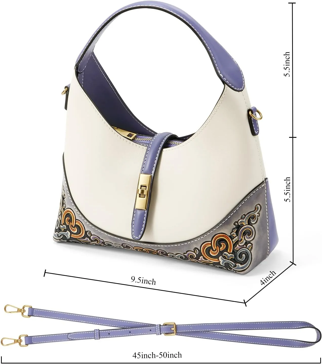 Leather Shoulder Bag for Women & Adjustable Crossbody with Hand-Carved Auspicious motifs