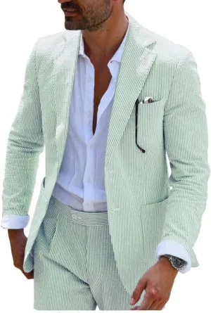 Leisure Mens Striped Seersucker Slim Fit Suit Grooms Lightweight Sear Sucker Suit for Wedding