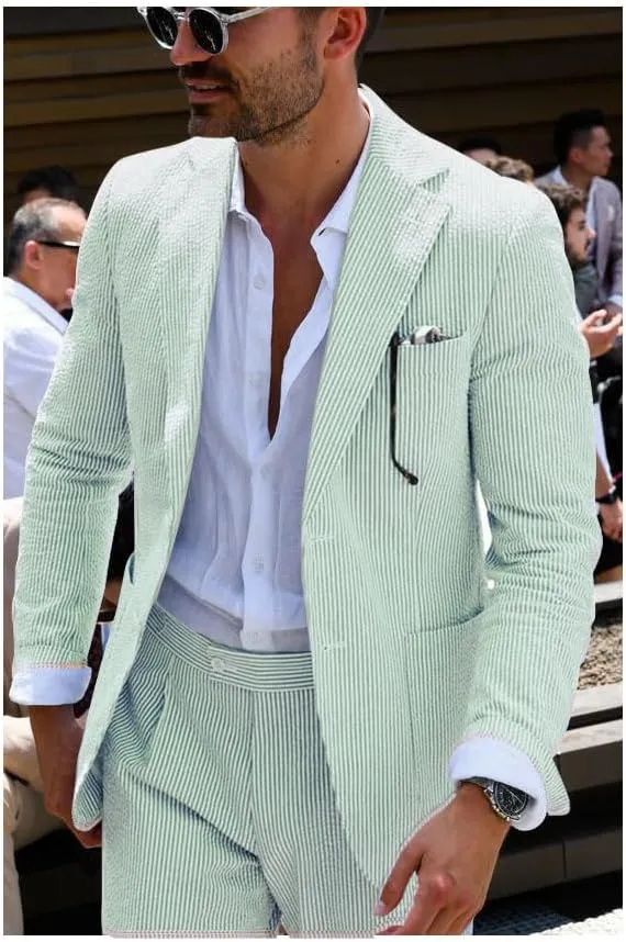 Leisure Mens Striped Seersucker Slim Fit Suit Grooms Lightweight Sear Sucker Suit for Wedding