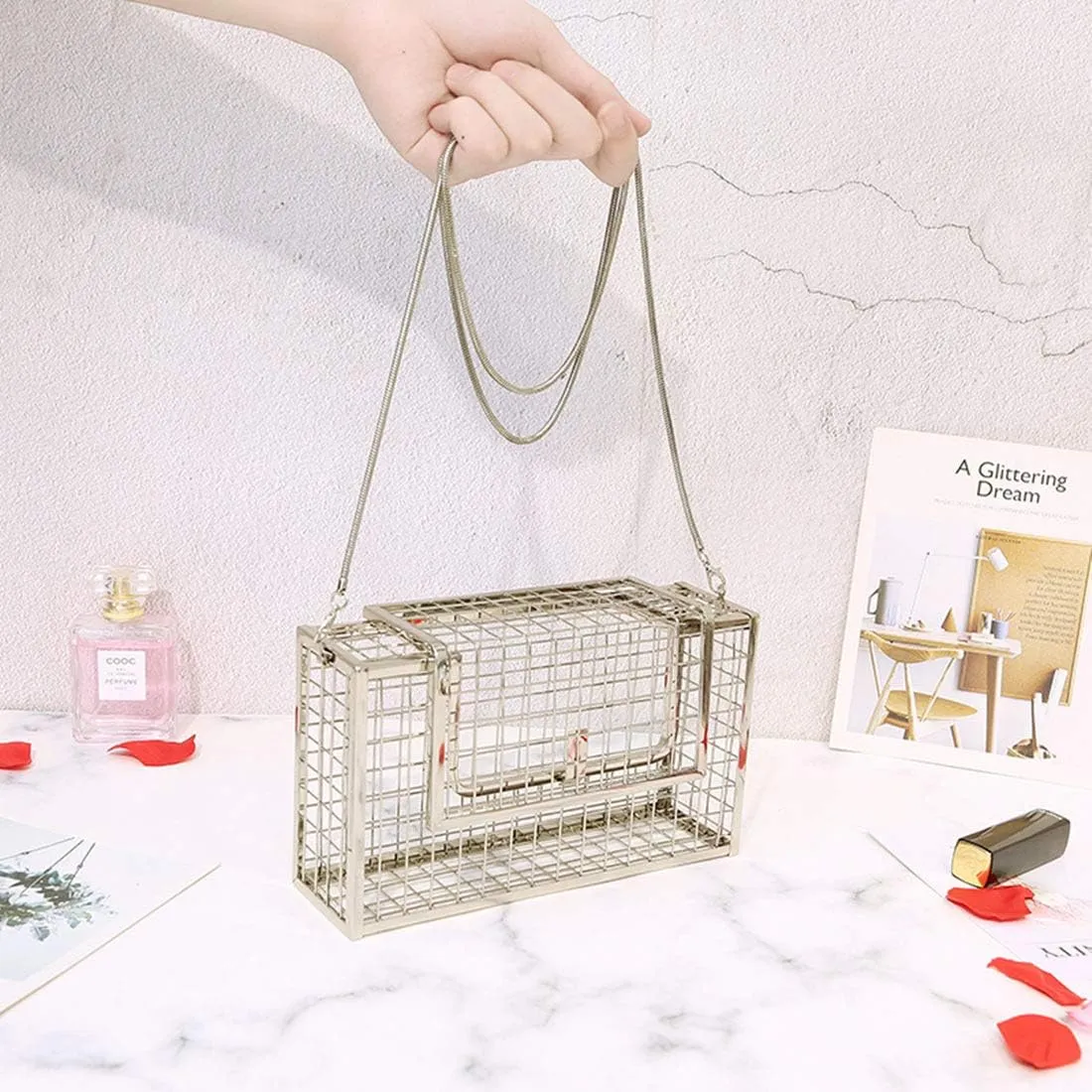 LETODE Women's Elegant Chain Cross-body Bag Metal Hollow Cage Clutch
