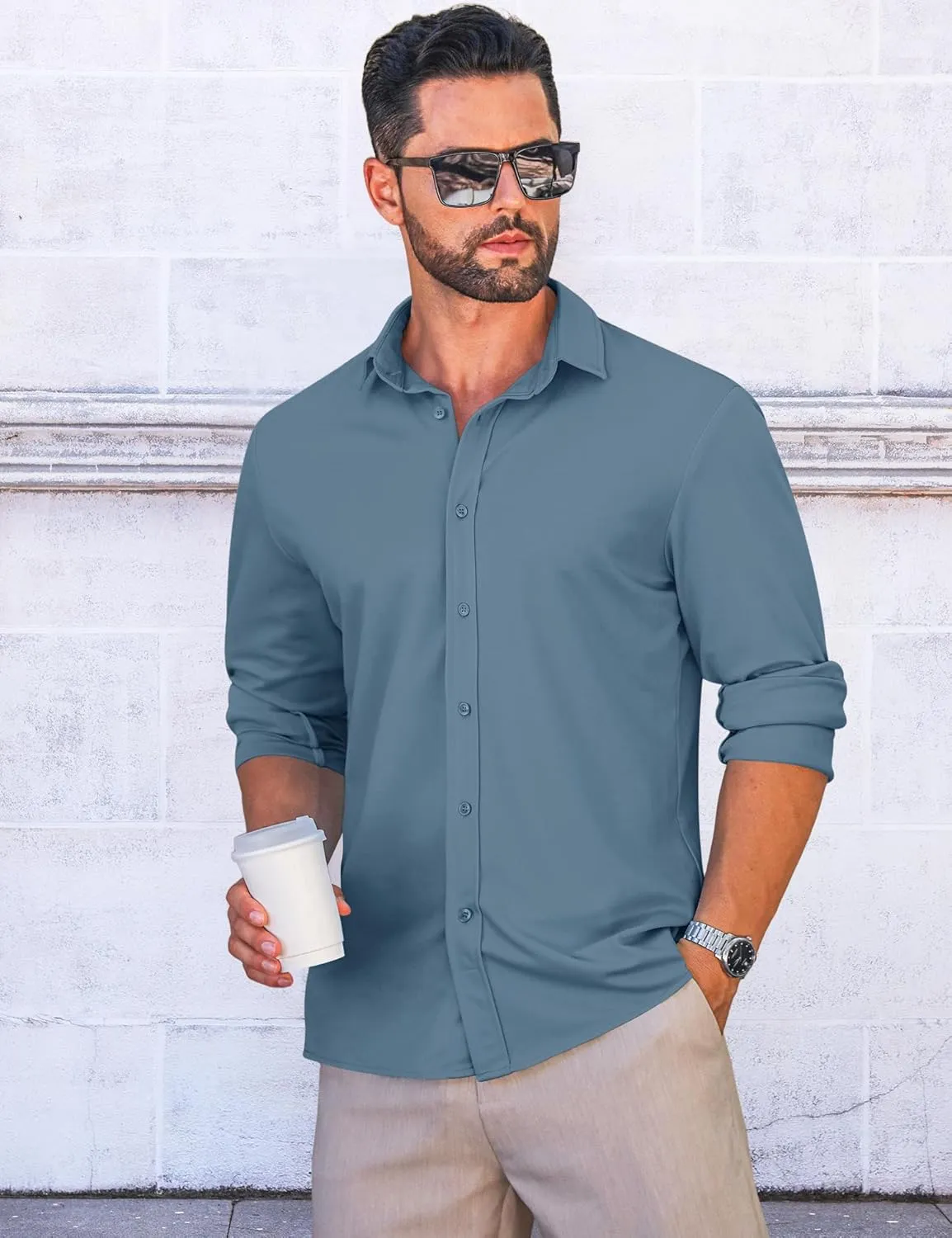 LETSEE Men's Long Sleeve Button Down Shirt Wrinkle-Free Dress Shirt Untucked Business Casual Shirt