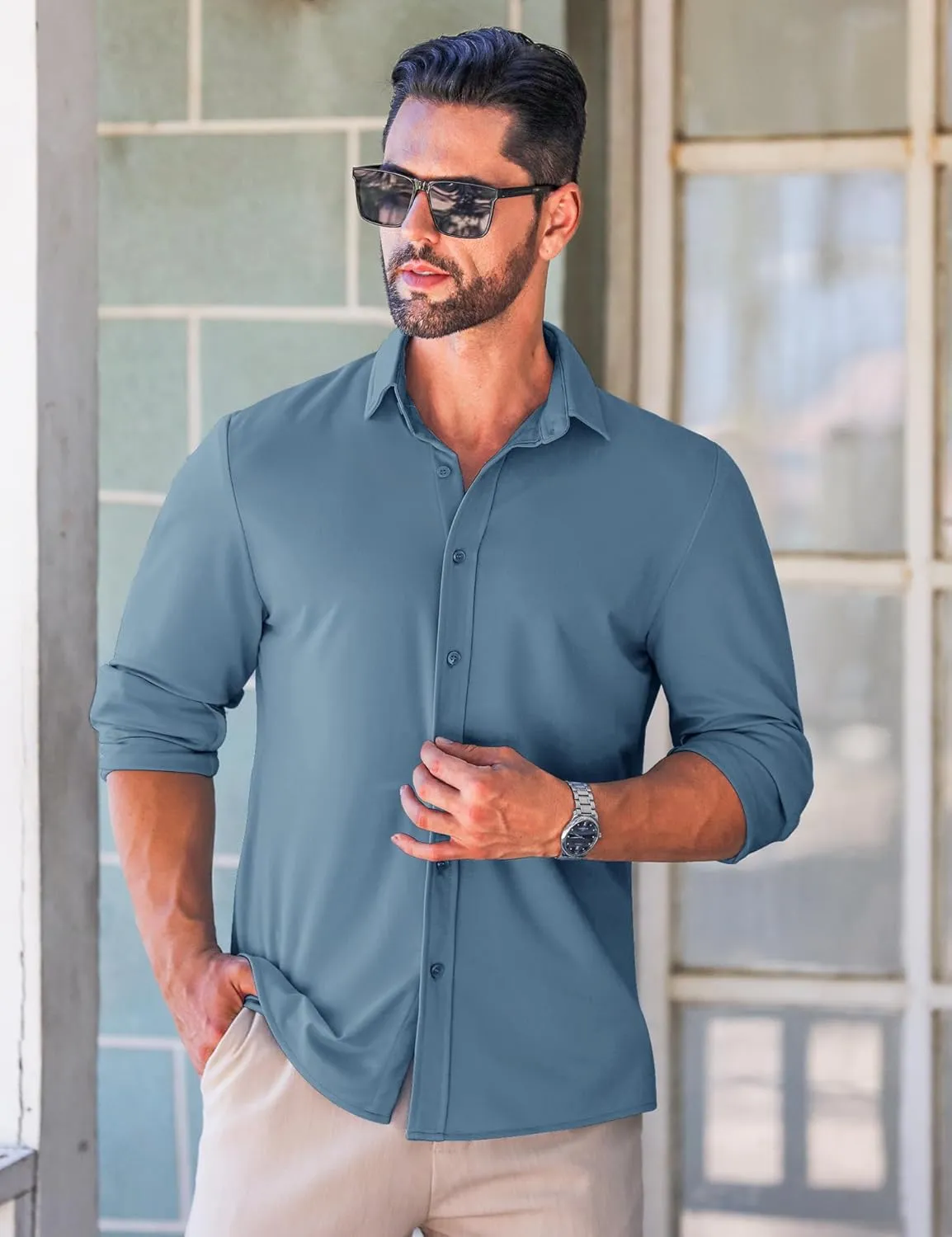 LETSEE Men's Long Sleeve Button Down Shirt Wrinkle-Free Dress Shirt Untucked Business Casual Shirt