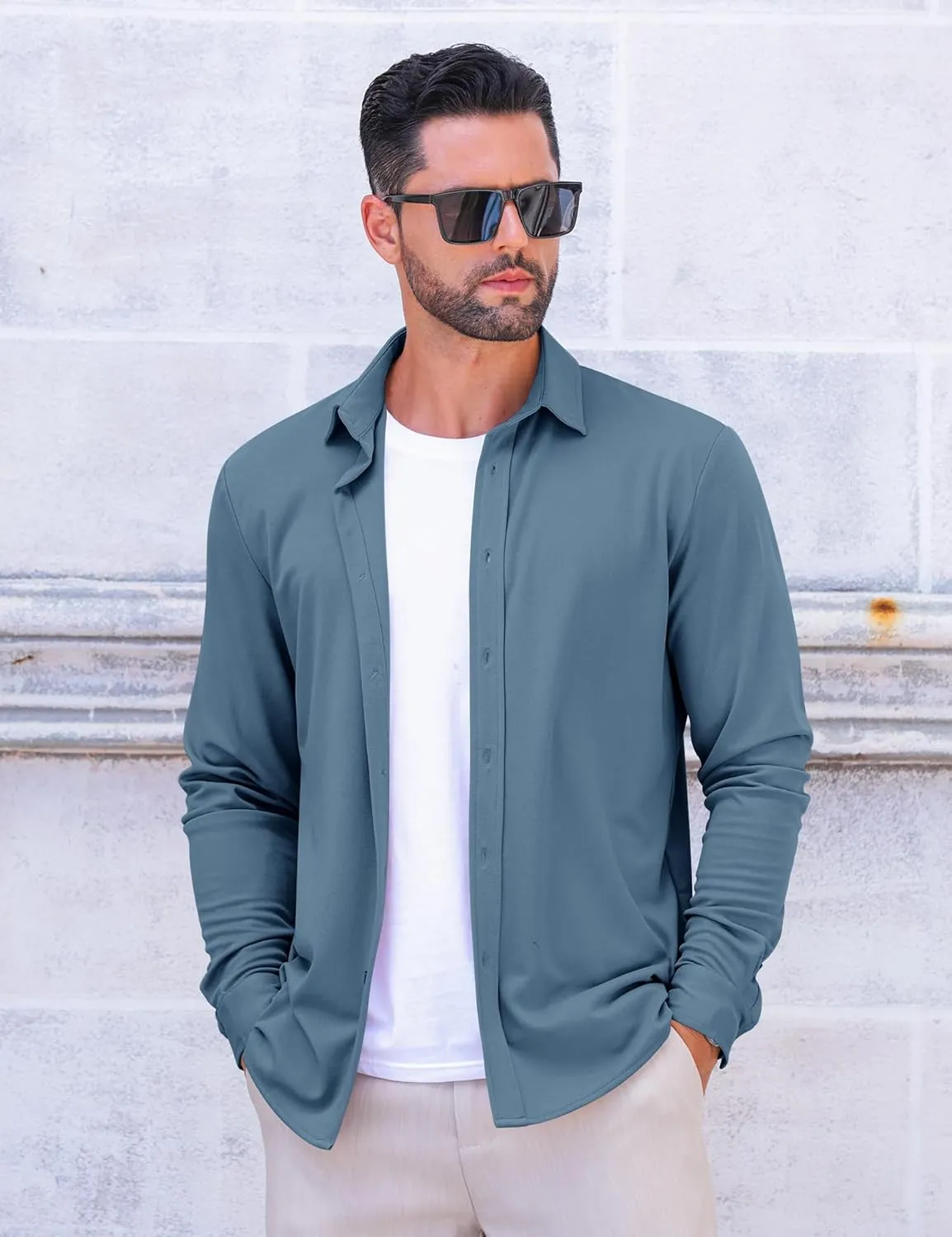 LETSEE Men's Long Sleeve Button Down Shirt Wrinkle-Free Dress Shirt Untucked Business Casual Shirt