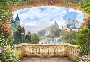 Leyiyi 12x8ft Balcony Scenery Photography Backdrop Green Mountain Waterfall Natural Scenery Background Vintage Architecture Seascape Romantic Landscape Girls Portraits Wedding Wedding Party Decor