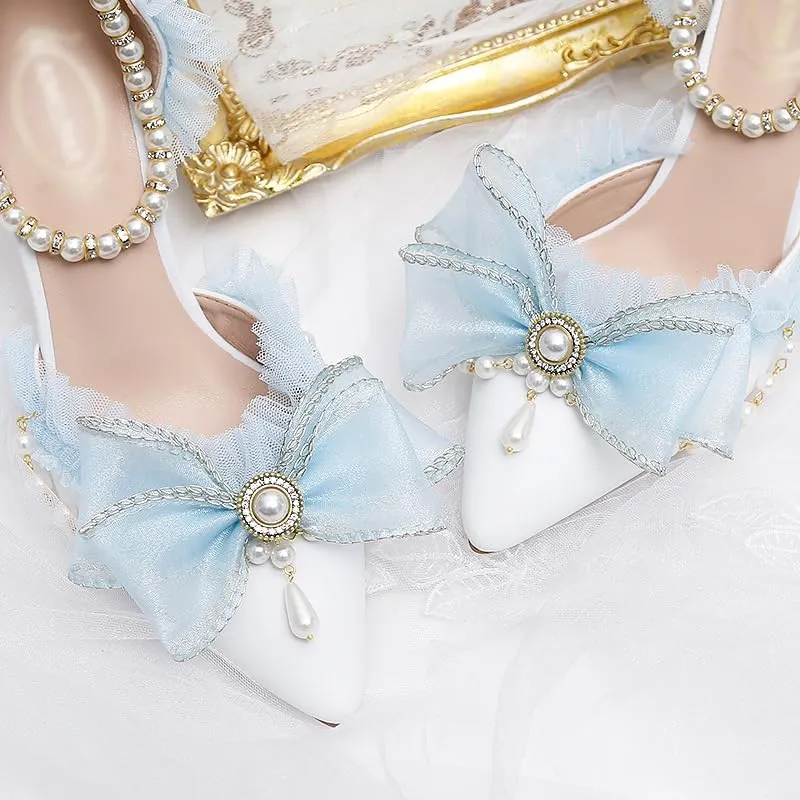 Light Blue Chiffon Bow Pointed Retro Lolita Princess Women's Shoes Pearl one-Word Strap Hollow high Heels