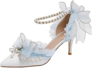 Light Blue Chiffon Bow Pointed Retro Lolita Princess Women's Shoes Pearl one-Word Strap Hollow high Heels