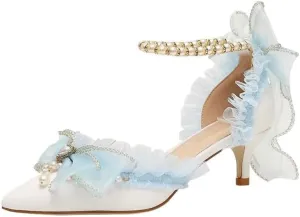 Light Blue Chiffon Bow Pointed Retro Lolita Princess Women's Shoes Pearl one-Word Strap Hollow high Heels