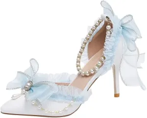 Light Blue Chiffon Bow Pointed Retro Lolita Princess Women's Shoes Pearl one-Word Strap Hollow high Heels