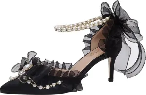 Light Blue Chiffon Bow Pointed Retro Lolita Princess Women's Shoes Pearl one-Word Strap Hollow high Heels