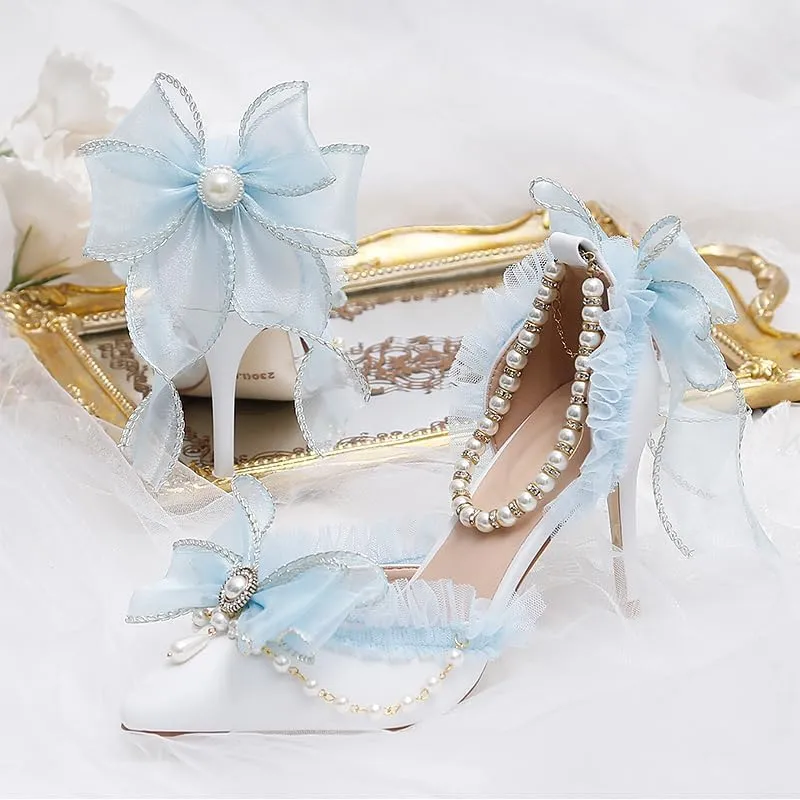 Light Blue Chiffon Bow Pointed Retro Lolita Princess Women's Shoes Pearl one-Word Strap Hollow high Heels