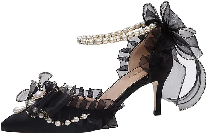 Light Blue Chiffon Bow Pointed Retro Lolita Princess Women's Shoes Pearl one-Word Strap Hollow high Heels