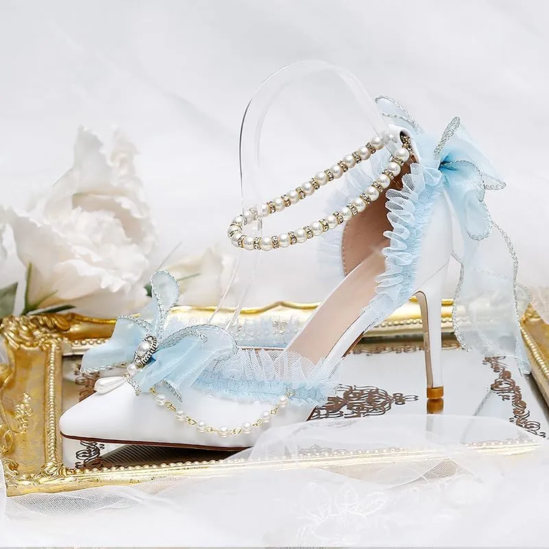 Light Blue Chiffon Bow Pointed Retro Lolita Princess Women's Shoes Pearl one-Word Strap Hollow high Heels