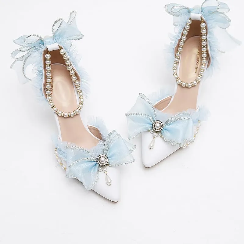Light Blue Chiffon Bow Pointed Retro Lolita Princess Women's Shoes Pearl one-Word Strap Hollow high Heels
