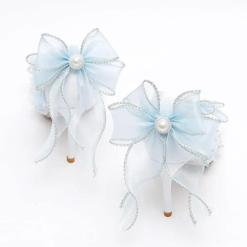 Light Blue Chiffon Bow Pointed Retro Lolita Princess Women's Shoes Pearl one-Word Strap Hollow high Heels