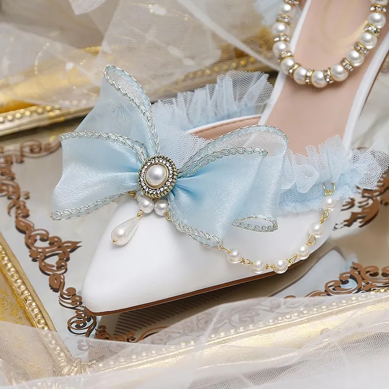 Light Blue Chiffon Bow Pointed Retro Lolita Princess Women's Shoes Pearl one-Word Strap Hollow high Heels