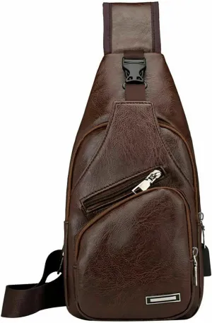 Lightweight Men's Sling Bag PU Leather Waterproof Shoulder Crossbody Bag with USB Charging Port
