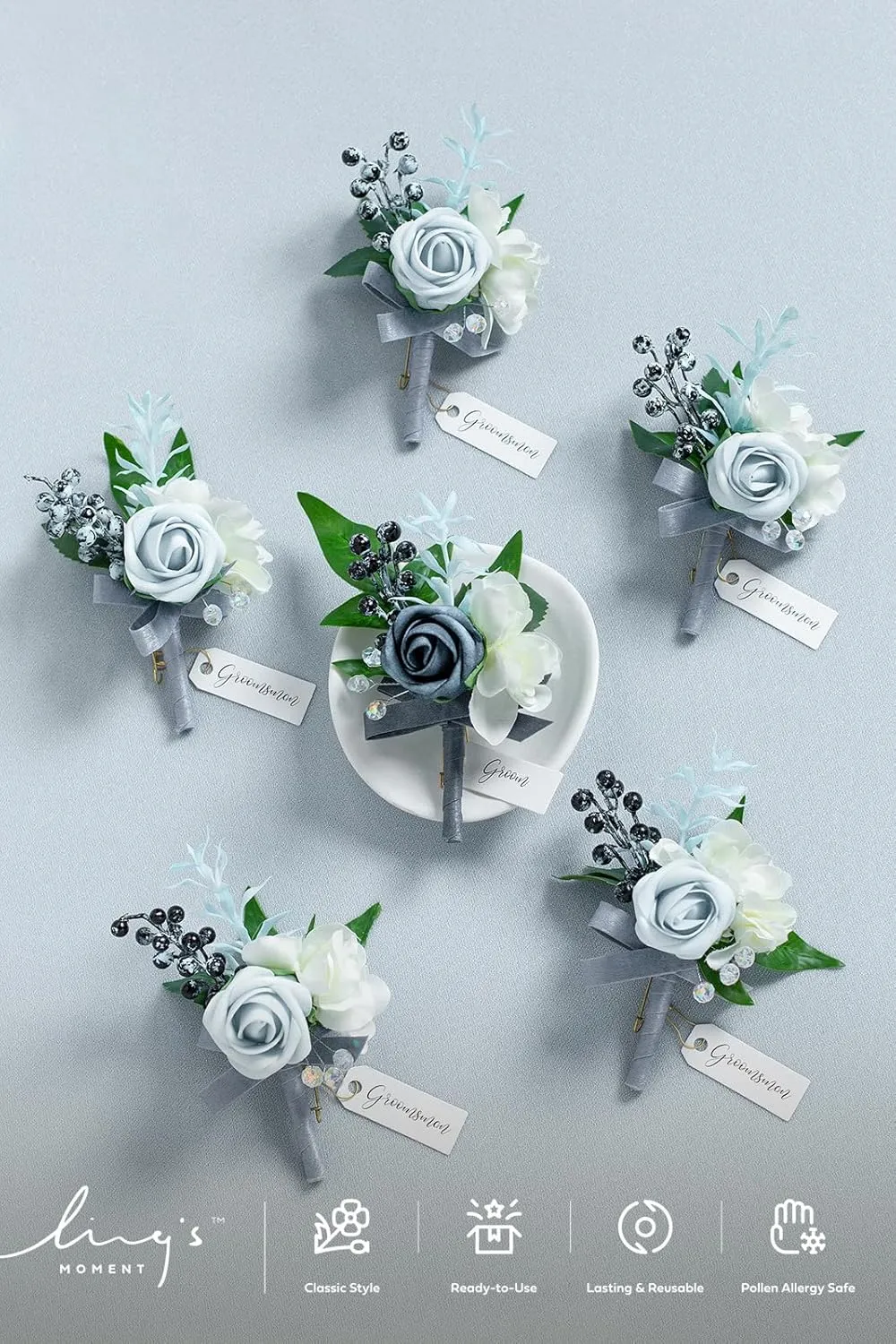 Ling's Moment Boutonniere for Men, 6pcs Groom Groomsmen Boutonniere, Artificial Flowers for Wedding Decor/Prom/Homecoming, etc.Dusty Blue Light Blue
