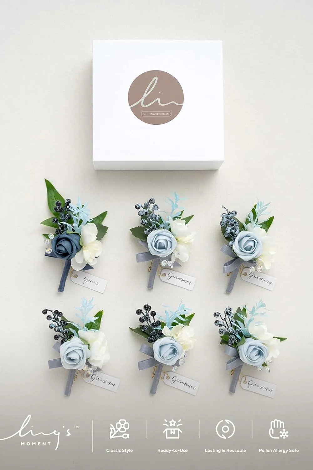 Ling's Moment Boutonniere for Men, 6pcs Groom Groomsmen Boutonniere, Artificial Flowers for Wedding Decor/Prom/Homecoming, etc.Dusty Blue Light Blue
