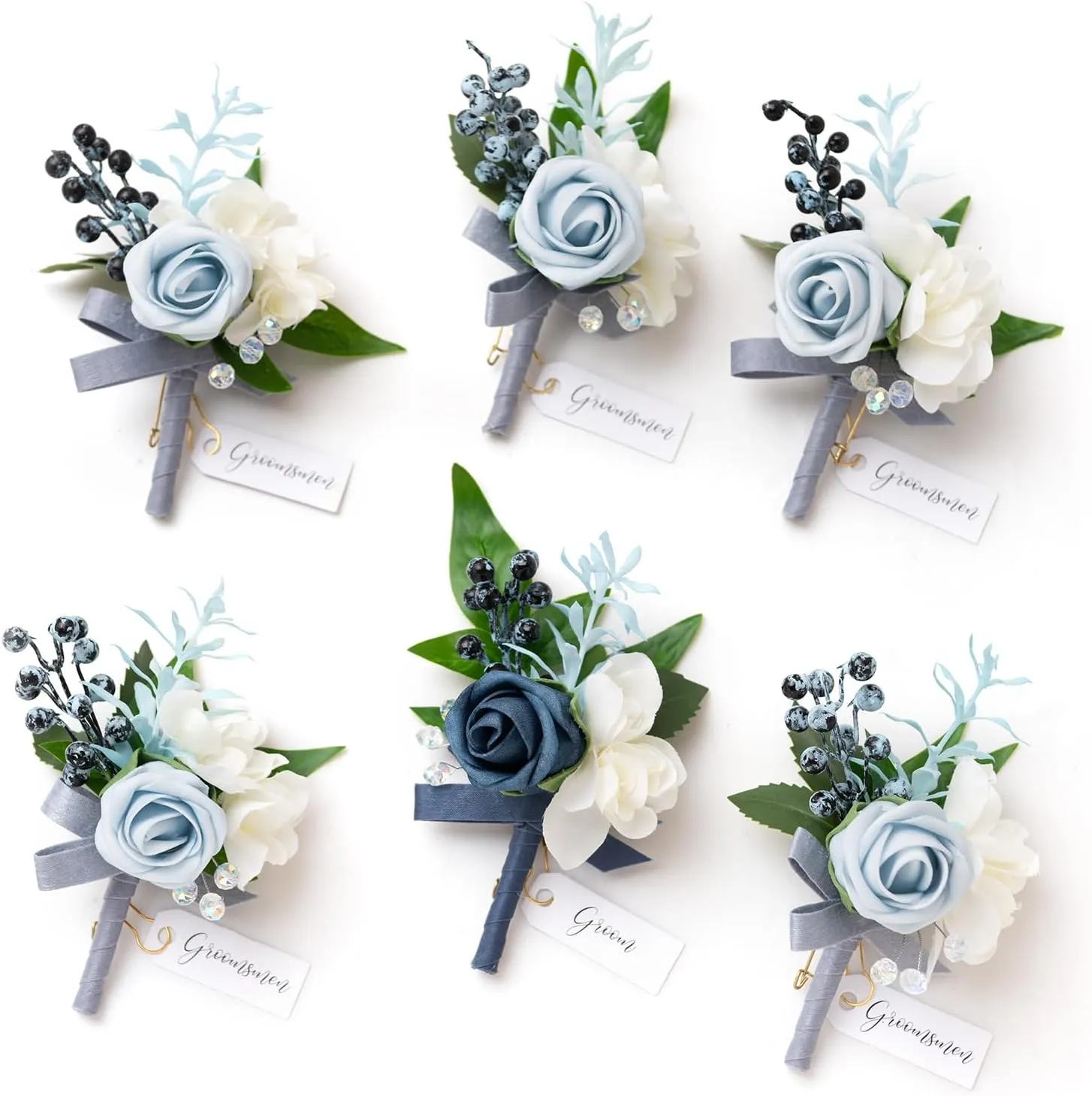 Ling's Moment Boutonniere for Men, 6pcs Groom Groomsmen Boutonniere, Artificial Flowers for Wedding Decor/Prom/Homecoming, etc.Dusty Blue Light Blue