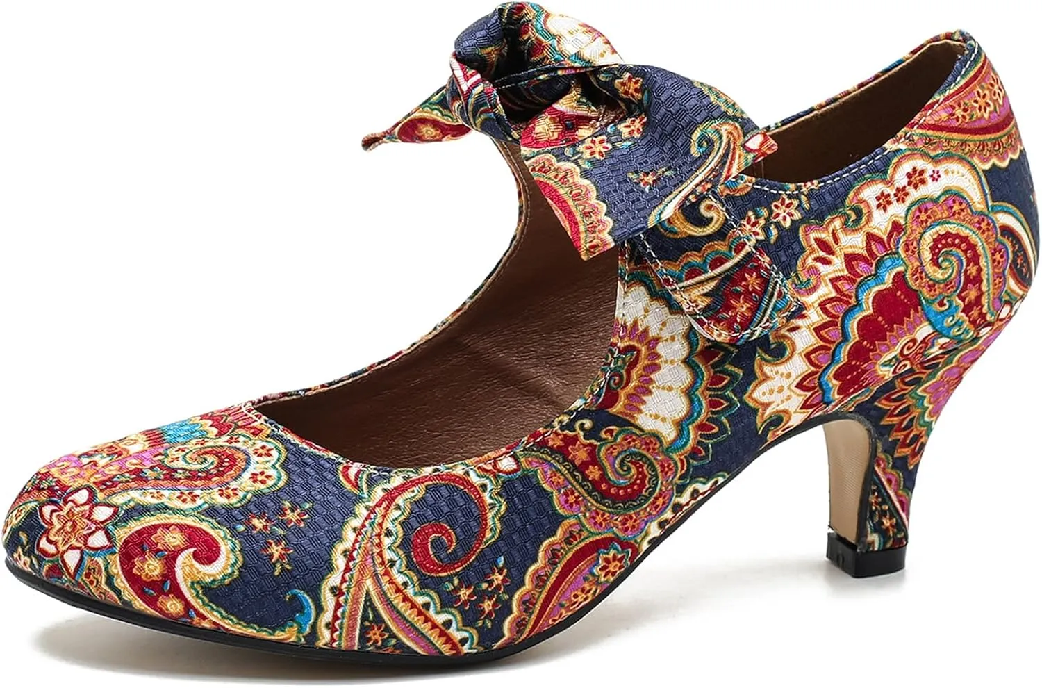 LIURUIJIA Women's Bow Heels Mary Jane Kitten Heel Pumps Round Toe Low Heels Ankle Strap Wedding Evening Party Dress Shoes